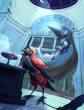 Original art of a crow detective and a common loon “phantom thief”